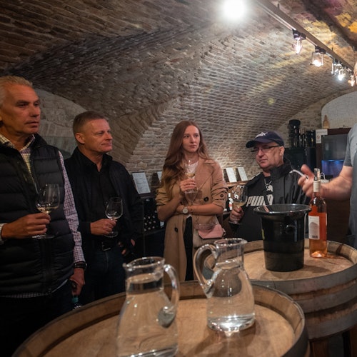 Un grupo de personas sosteniendo copas de vino en una bodega con techos abovedados de ladrillo, de pie alrededor de barriles con jarros de agua.