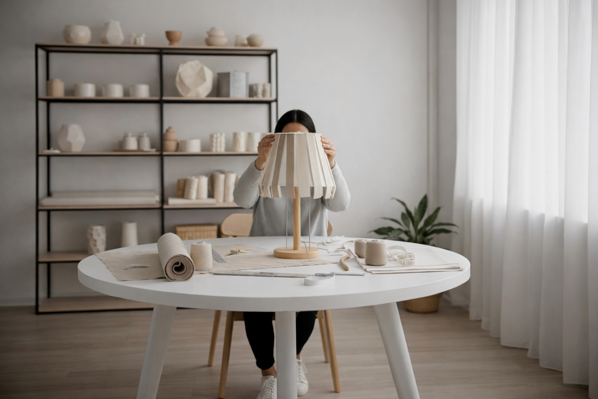 A designer at a white circular table assembling a small fabric lampshade, with shelves of pottery in the background.
