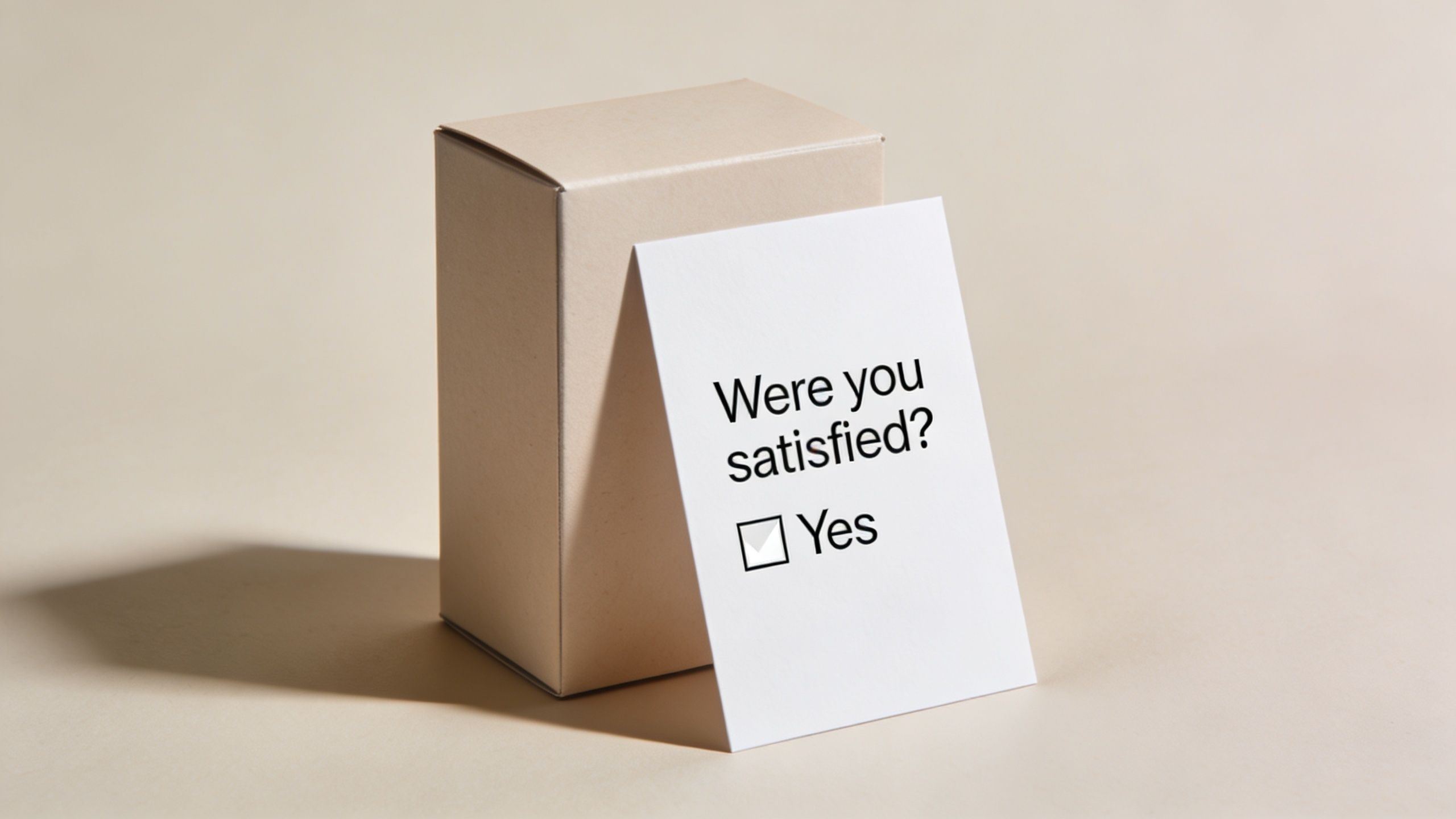 A cardboard box stands next to a white card displaying the question Were you satisfied with a checked yes box.