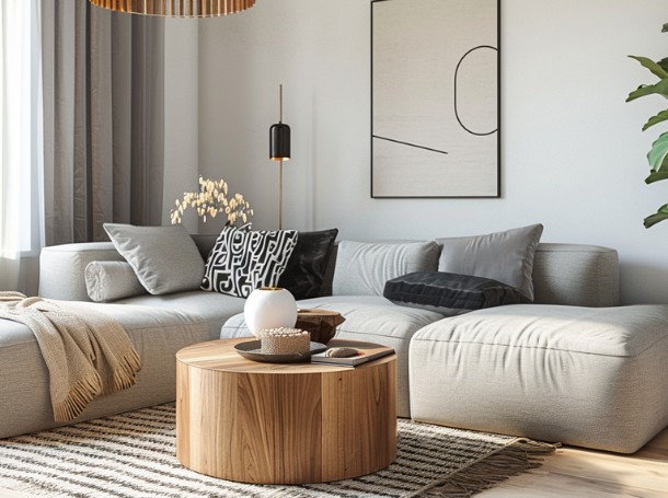 Jasny salon z beżową sofą, drewnianym stolikiem kawowym, nowoczesnymi grafikami na ścianie, regałem z dekoracjami i rośliną w doniczce, urządzony w stylu skandynawskim.