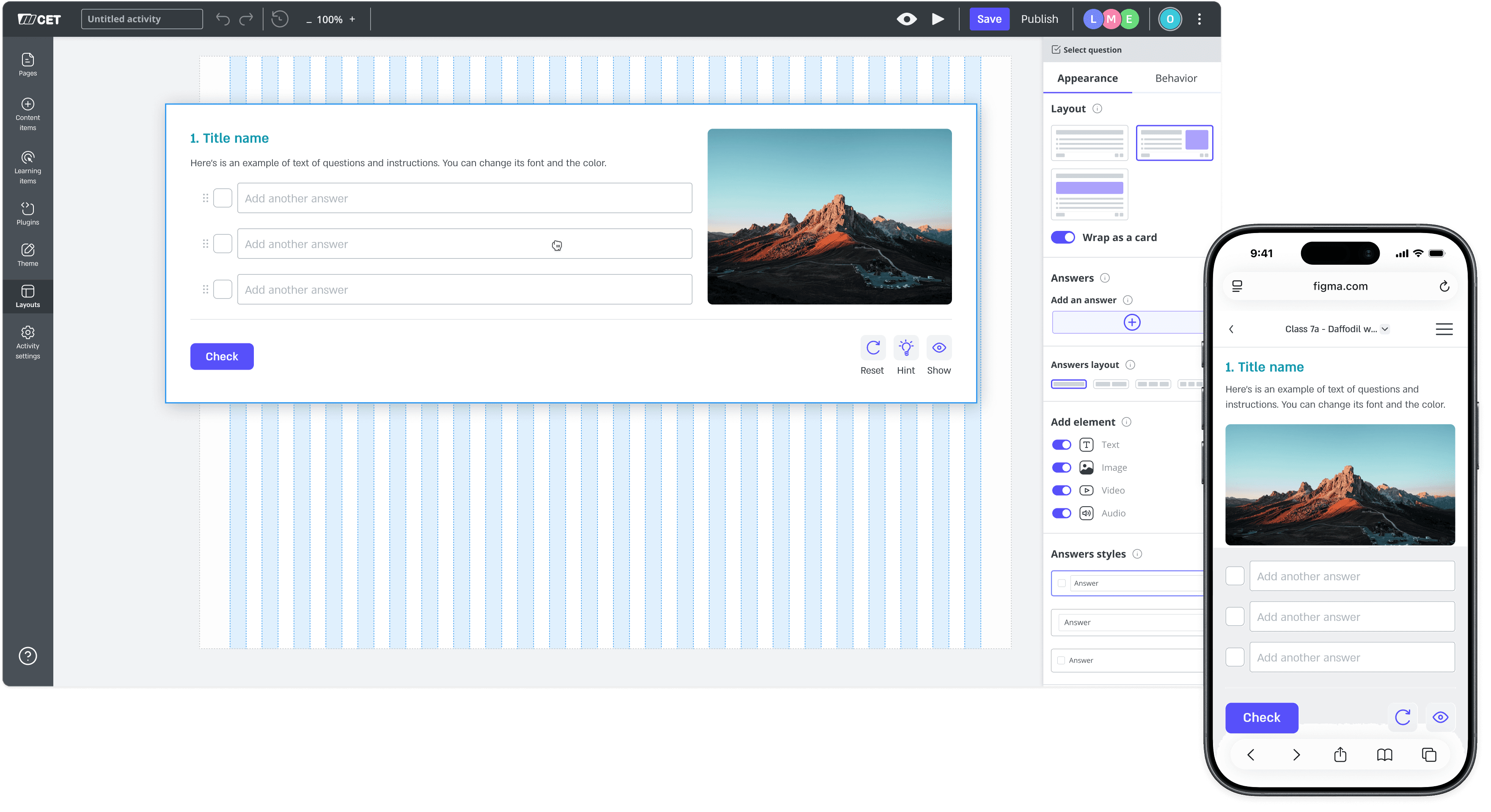 Studio with grid and a question layout with it's appearance on mobile