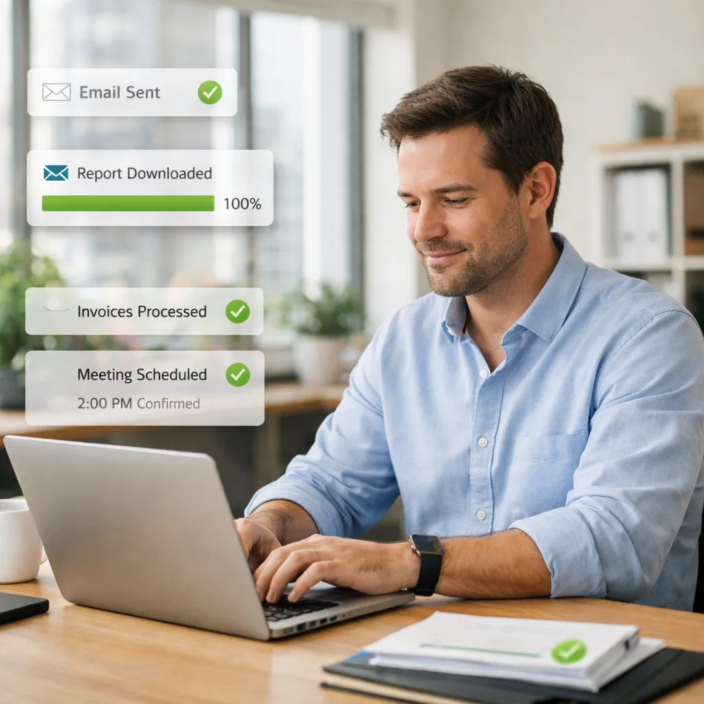 Un dirigeant de PME travaille sur un ordinateur portable avec un tableau de bord de pilotage affichant des indicateurs de performance (KPI), des tâches automatisées et un suivi d’activité en temps réel, illustrant l’optimisation des processus, la productivité, l’automatisation des opérations et l’aide à la décision par les outils numériques et l’intelligence artificielle.
