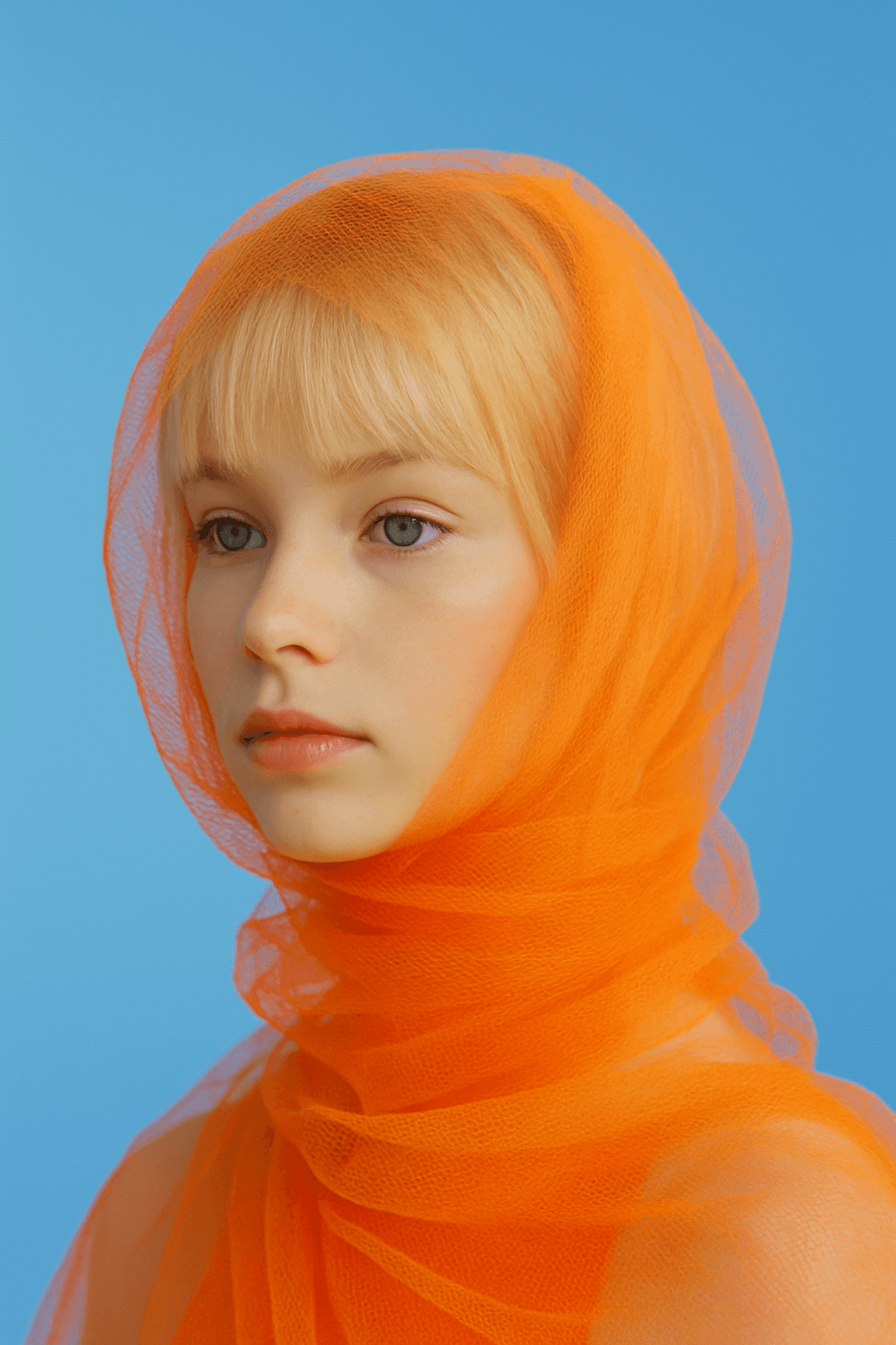 Studio portrait of a young person with blond hair, wrapped in translucent orange fabric against a blue background