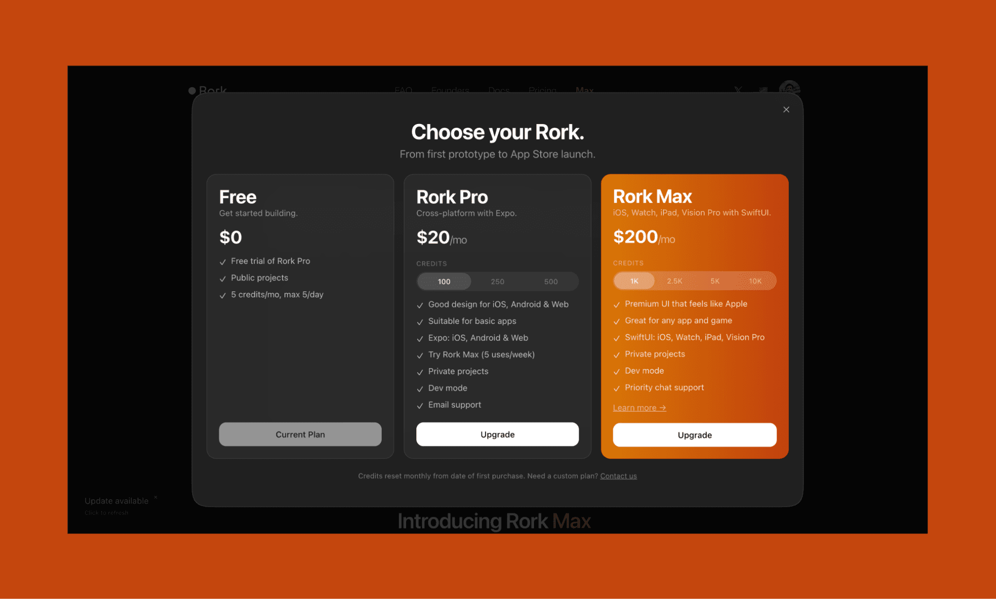 Rork AI has a freemium pricing plan starting with $0 for 5 credits/mo and paid plans from $20/mo for 100 credits.