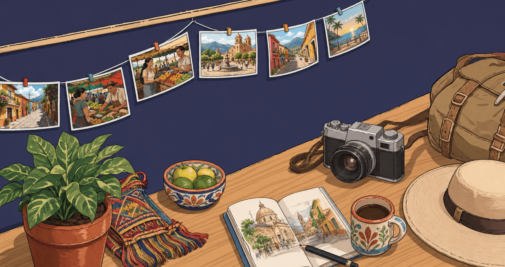 A warm, inviting illustration of a traveler in a Spanish-speaking country street scene, with a colorful local market or plaza in the background, showing friendly interaction between a tourist and local vendor, vibrant Latin American architecture, market stalls with fresh produce, warm lighting, illustration style, no text or letters