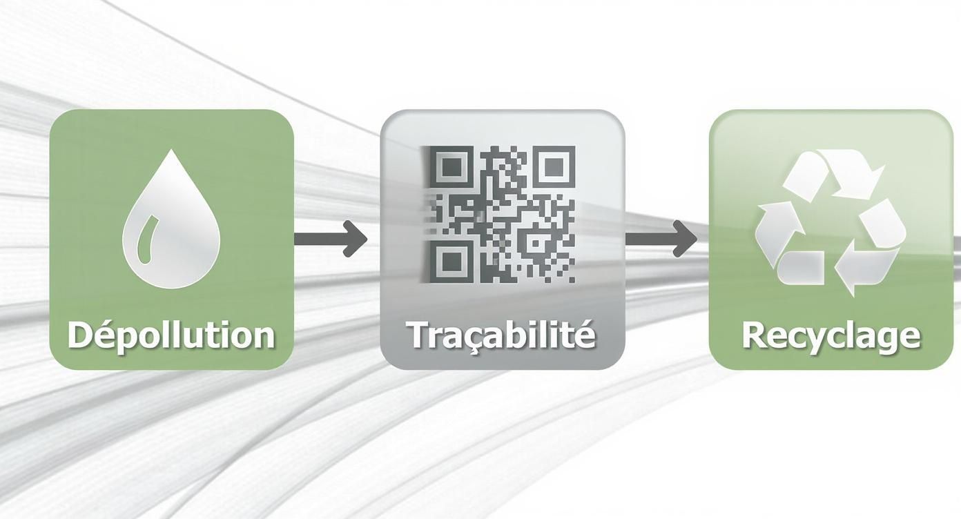 Illustration des étapes de dépollution, de traçabilité via code QR et de recyclage des déchets.