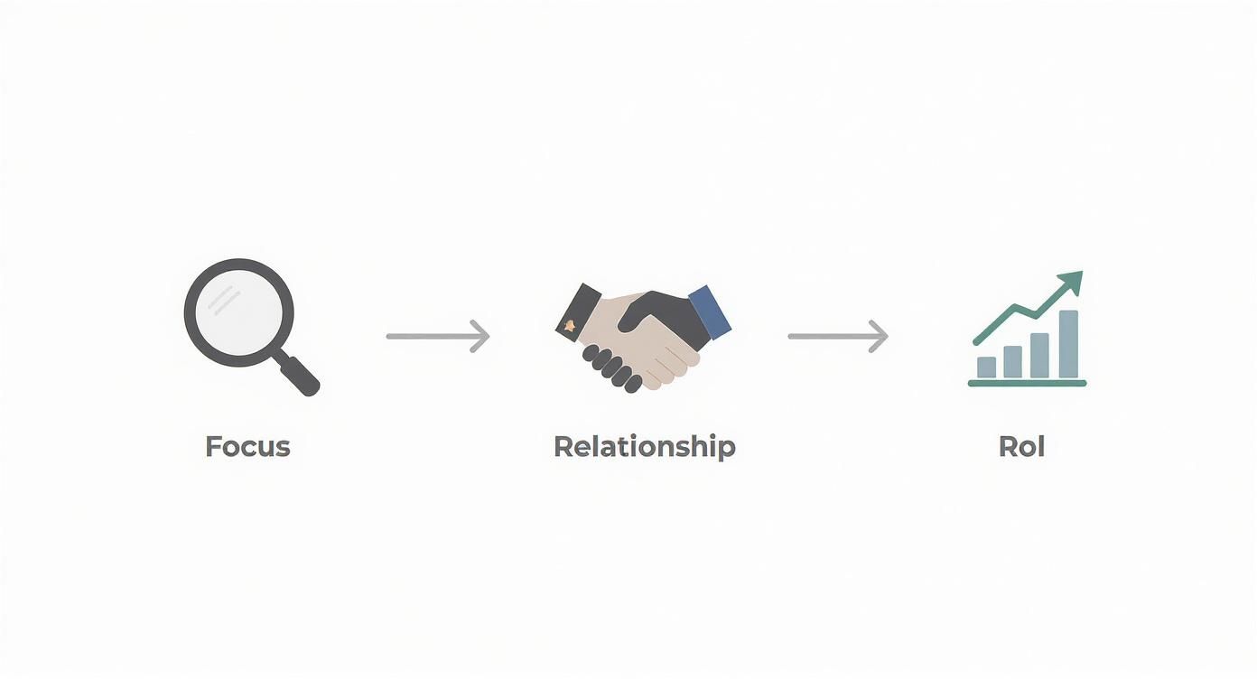 Business strategy flowchart showing progression from focus through relationship building to return on investment growth