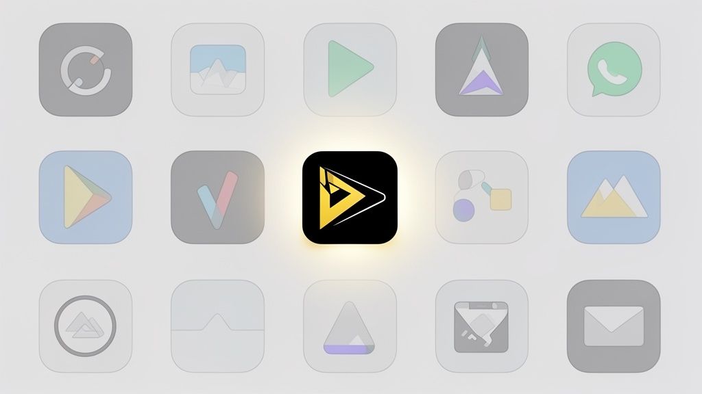 Numerous faded app icons surround a brightly glowing black and gold media player app.