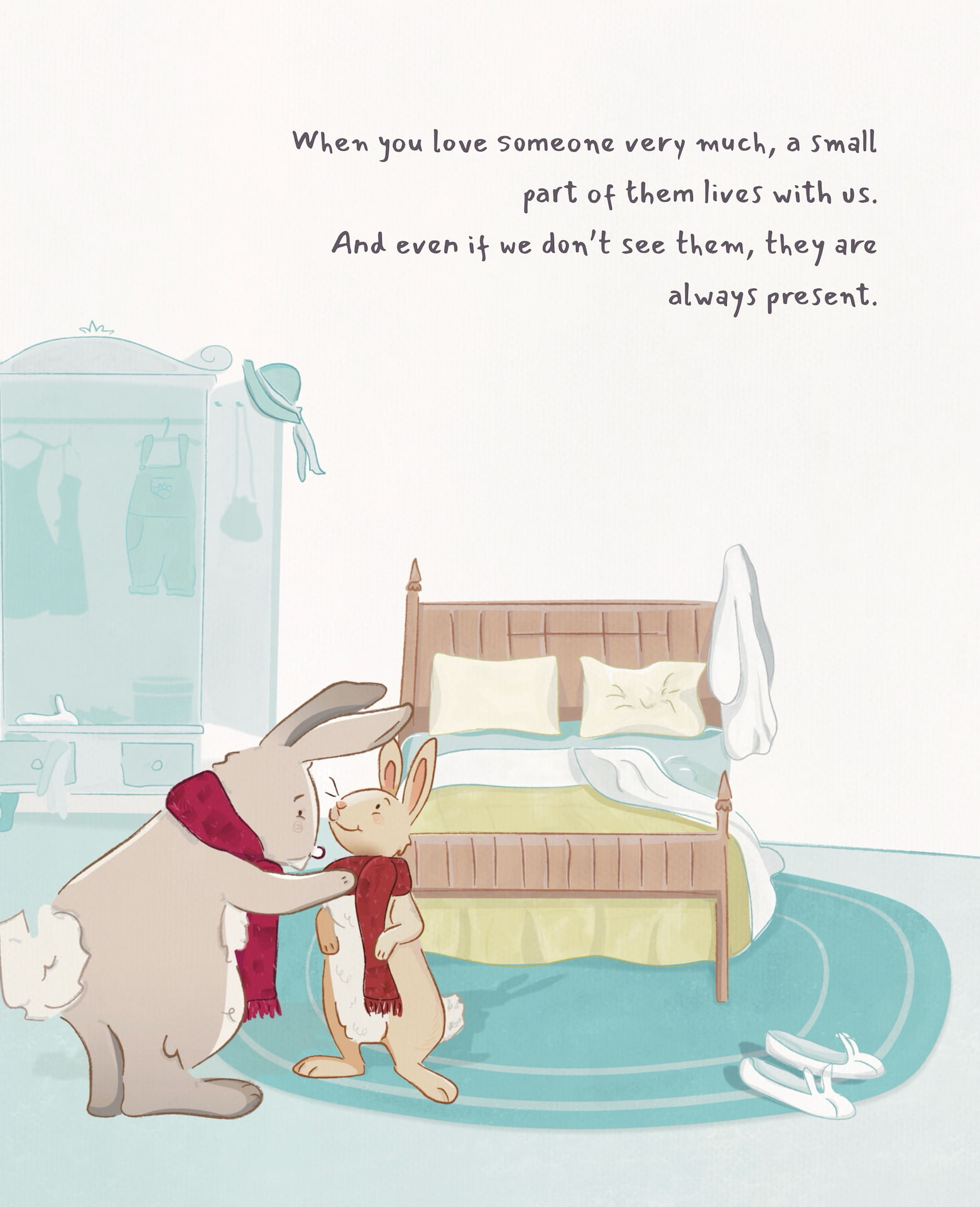 A grandfather rabbit gently placing a scarf around his grandchild inside a cozy room.