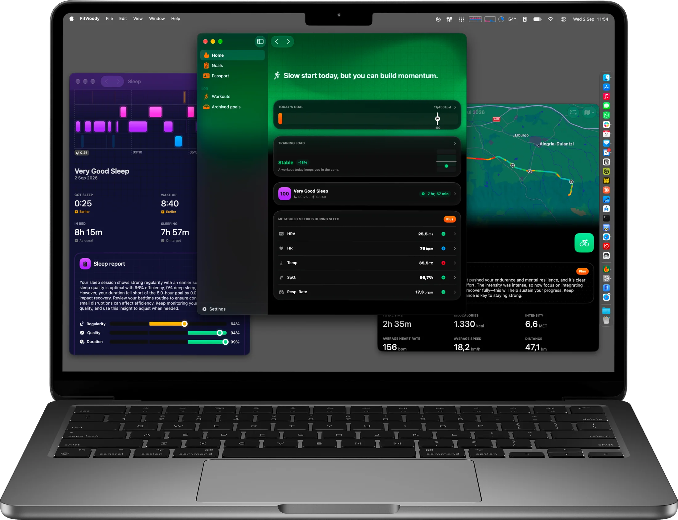 A MacBook with FitWoody open in Dark mode: sleep, home and a cycling route in three windows