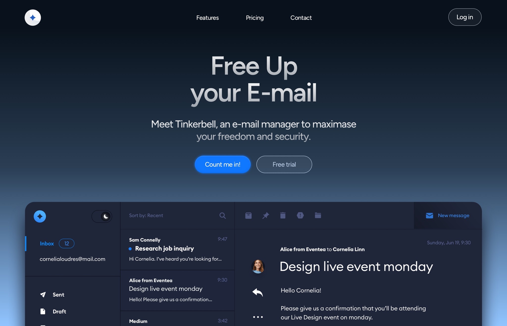 Web Design for Tinkerbell, an E-mail client app