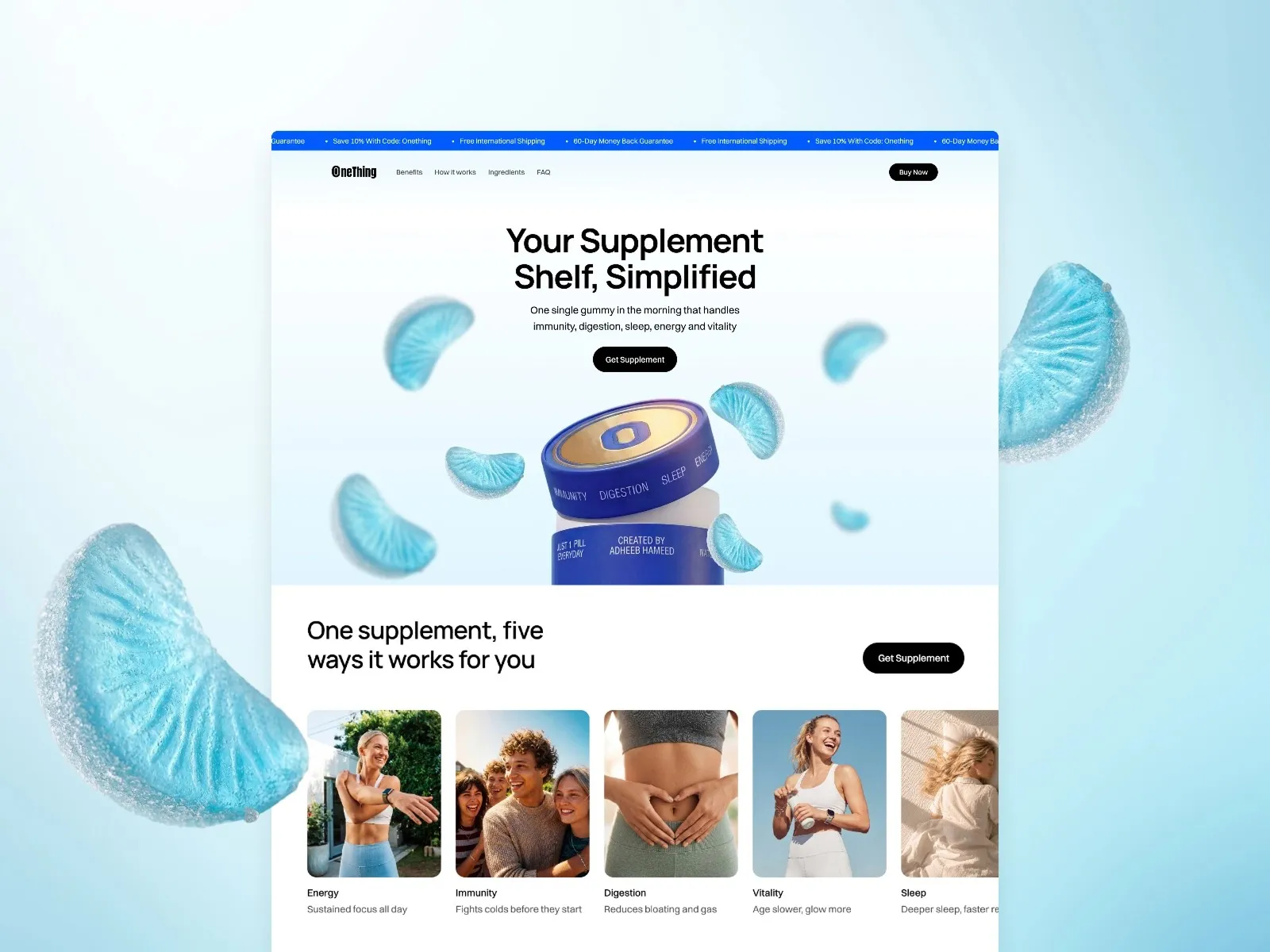 Website promoting a blue gummy supplement with benefits listed below.