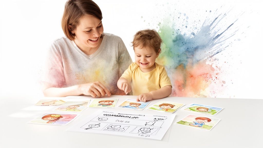 Smiling woman and toddler happily playing with colorful storytelling cards and a drawn sequence.