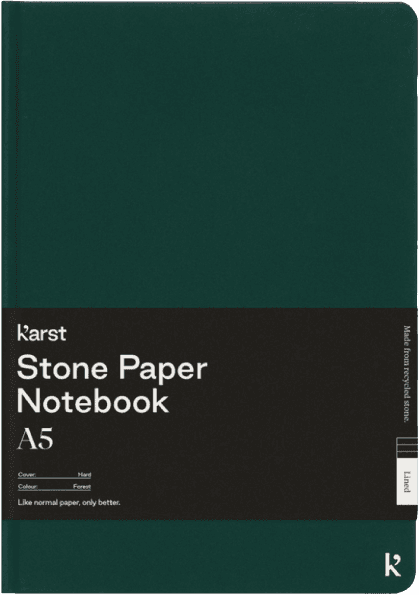 Karst Stone Paper notebook, a forest-green A5 hardcover with a black belly band reading Stone Paper Notebook.