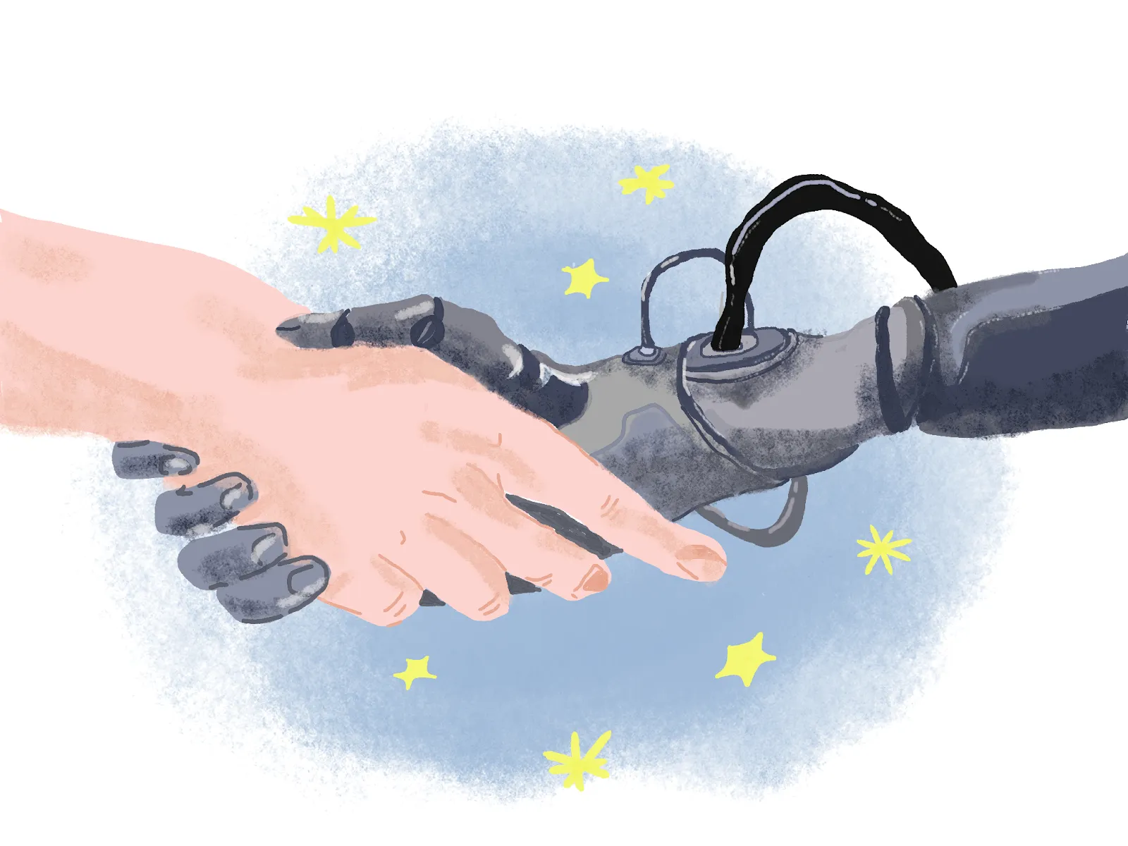 An illustration of a human hand grasping a robot hand