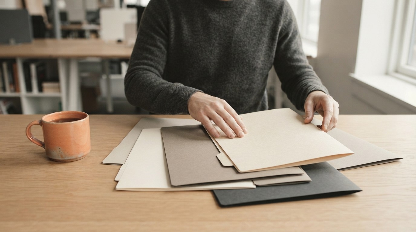 Professional hands organizing research materials on a clean desk