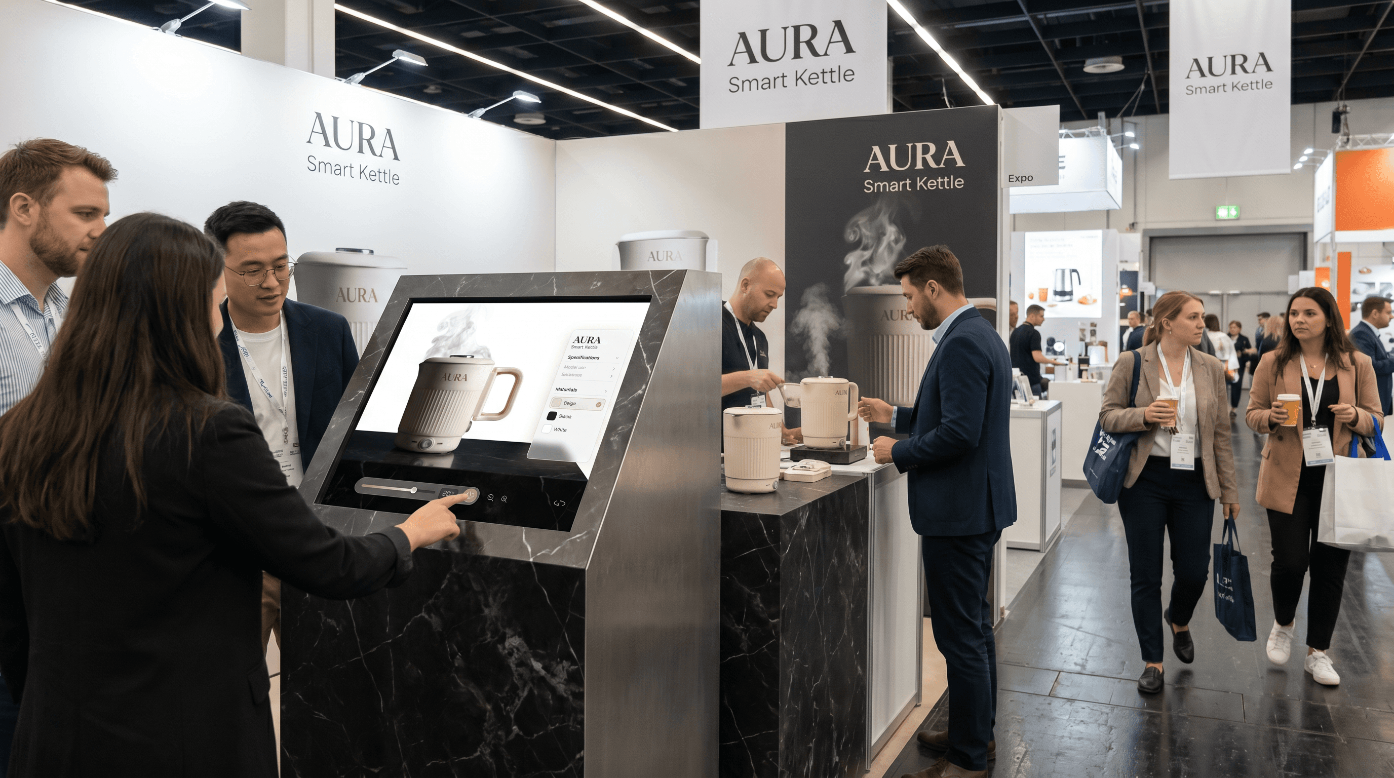 Aura smart kettle 3D visualization on interactive trade-show kiosk at home appliance expo