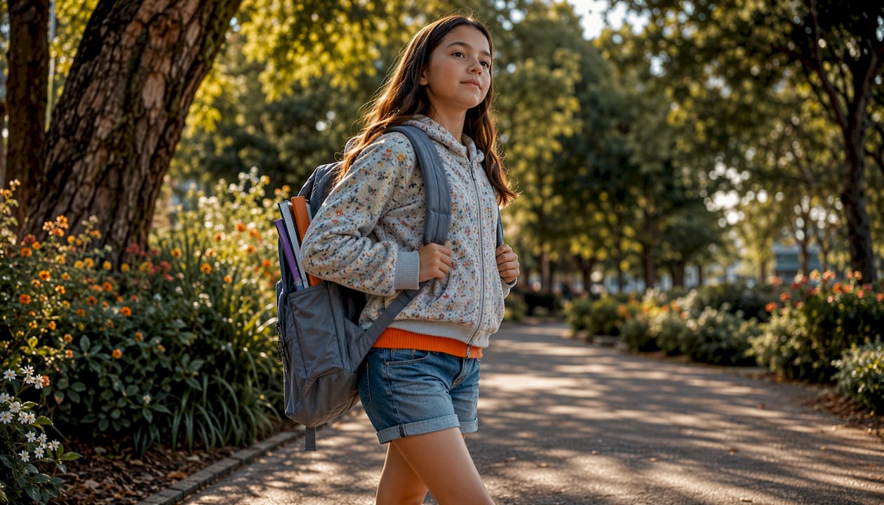 Girl walking with backpack outdoors on street