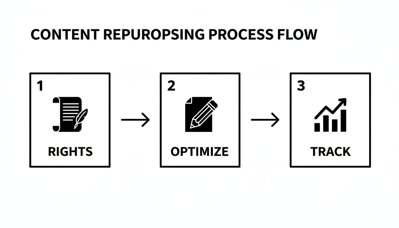 A three-step flowchart illustrating the content repurposing process: Rights, Optimize, and Track.