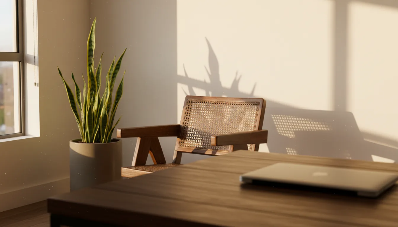 DSLR photograph of a serene home office corner during golden hour, shallow depth of field. Natural daylight streams through a window, casting long, sharp shadows across a plain, off-white wall. In the midground, a tall snake plant in a matte grey pot sits next to a wooden chair with a woven cane back. A dark wood desk with a closed laptop on it dominates the foreground, which is softly out of focus. The scene has high cinematic contrast, emphasizing the rich wood texture and the quiet, peaceful atmosphere.