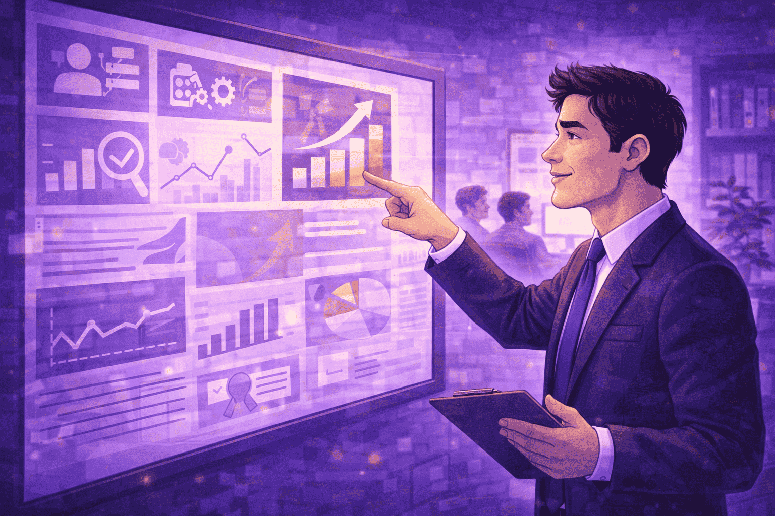 Manager pointing at a highlighted growth metric on a large performance dashboard, focusing on the indicator that reflects true team performance.