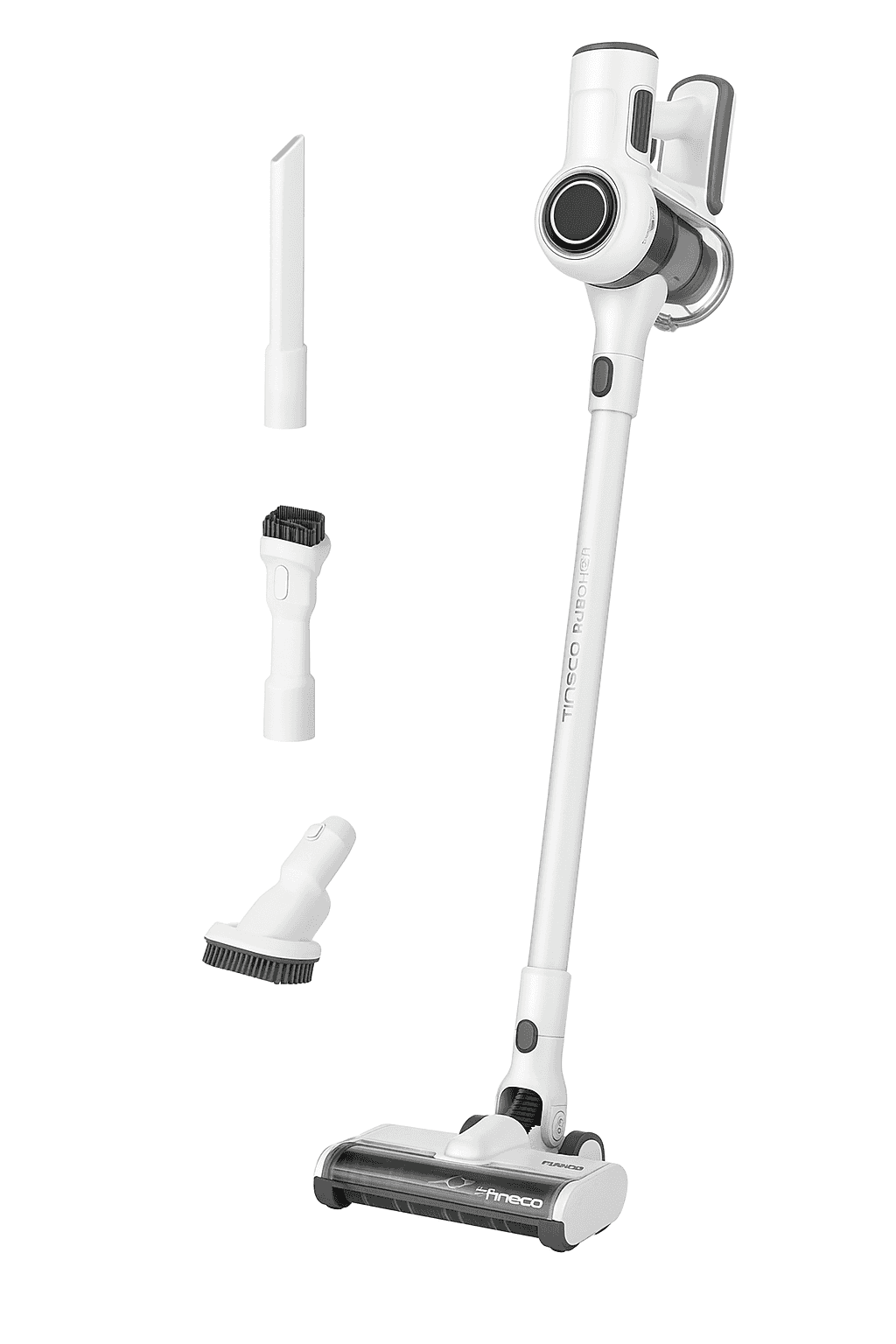 Tineco Pure One S11 cordless vacuum with smart suction adjustment and LED display, photographed upright on a white background.