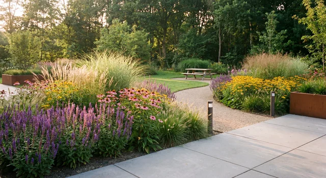 Goed onderhouden tuin met kleurrijke bloemen, gras en een wandelpad.