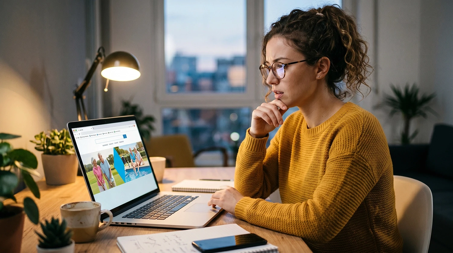 Female professional reviewing lifestyle website content on computer with city view for mediareach campaign planning