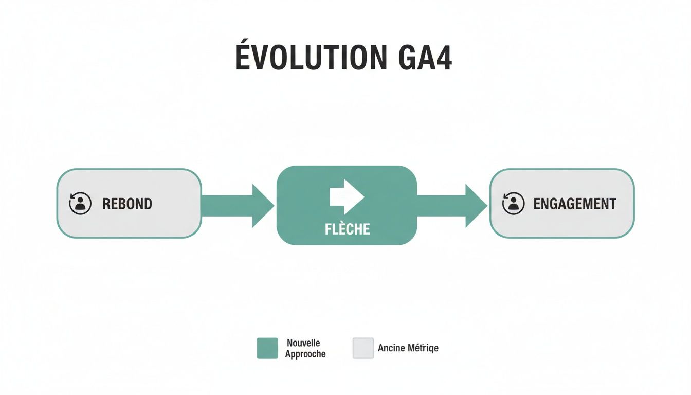 Diagramme illustrant l'évolution des métriques GA4, du rebond (ancienne) à l'engagement (nouvelle approche).