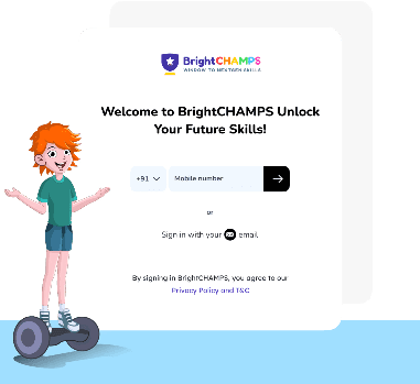 BrightCHAMPS onboarding — sign-in screen with the student mascot