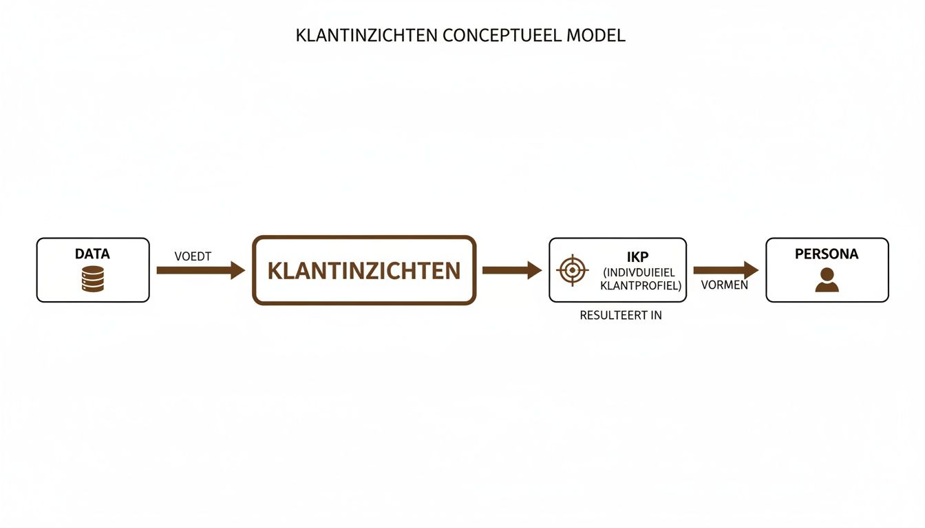 Conceptueel model toont de stroom van data naar klantinzichten, individuele klantprofielen en persona's.