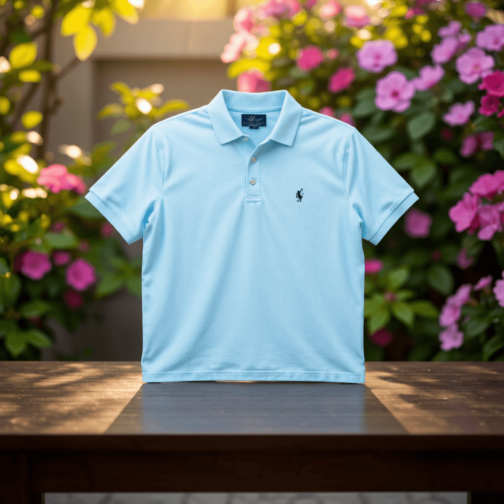 product photography of a short-sleeve polo shirt in light blue color