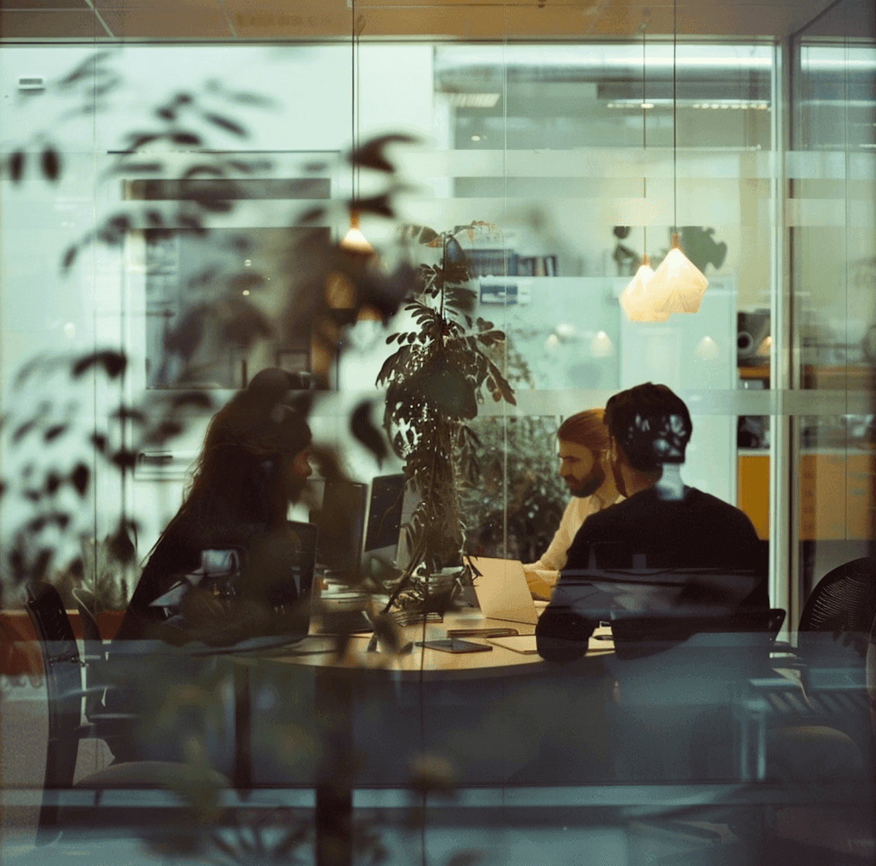 Two people in a meeting viewed through a glass partition in a modern office