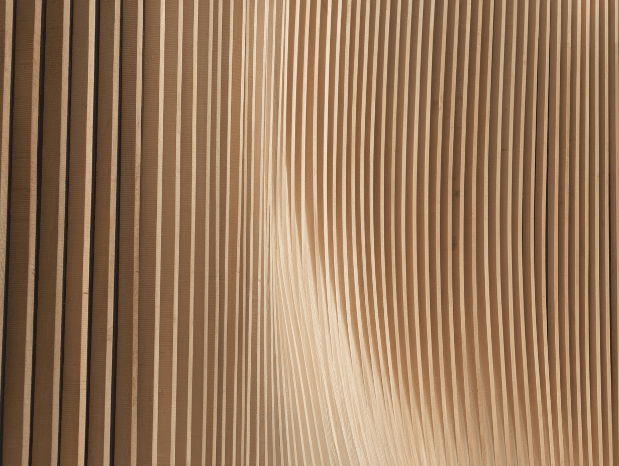 Material detail highlighting curved slatted wood and the role of repetition and light in shaping spatial flow.