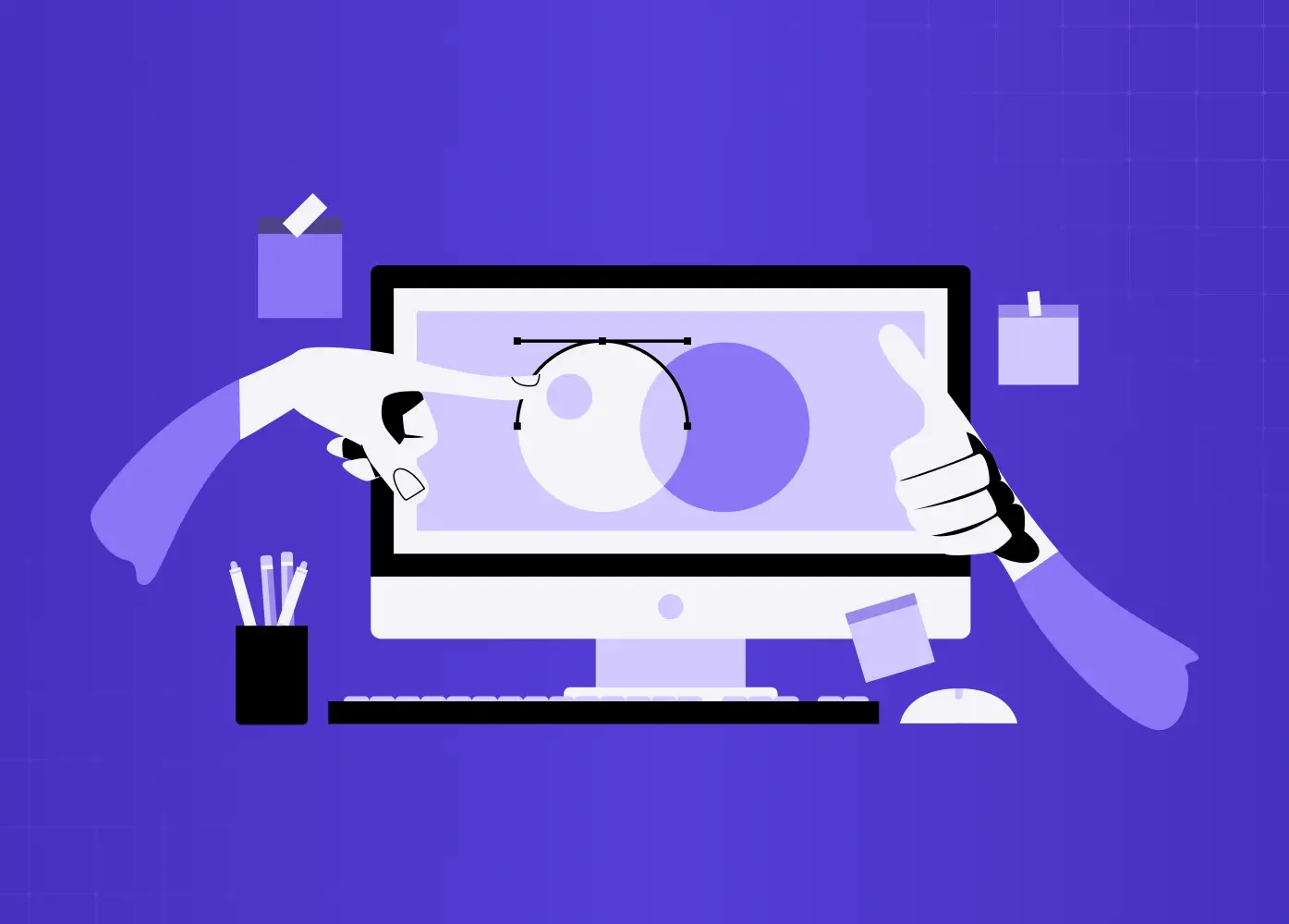 Illustration of designers collaborating on a computer screen, symbolizing creative teamwork and interface design. 