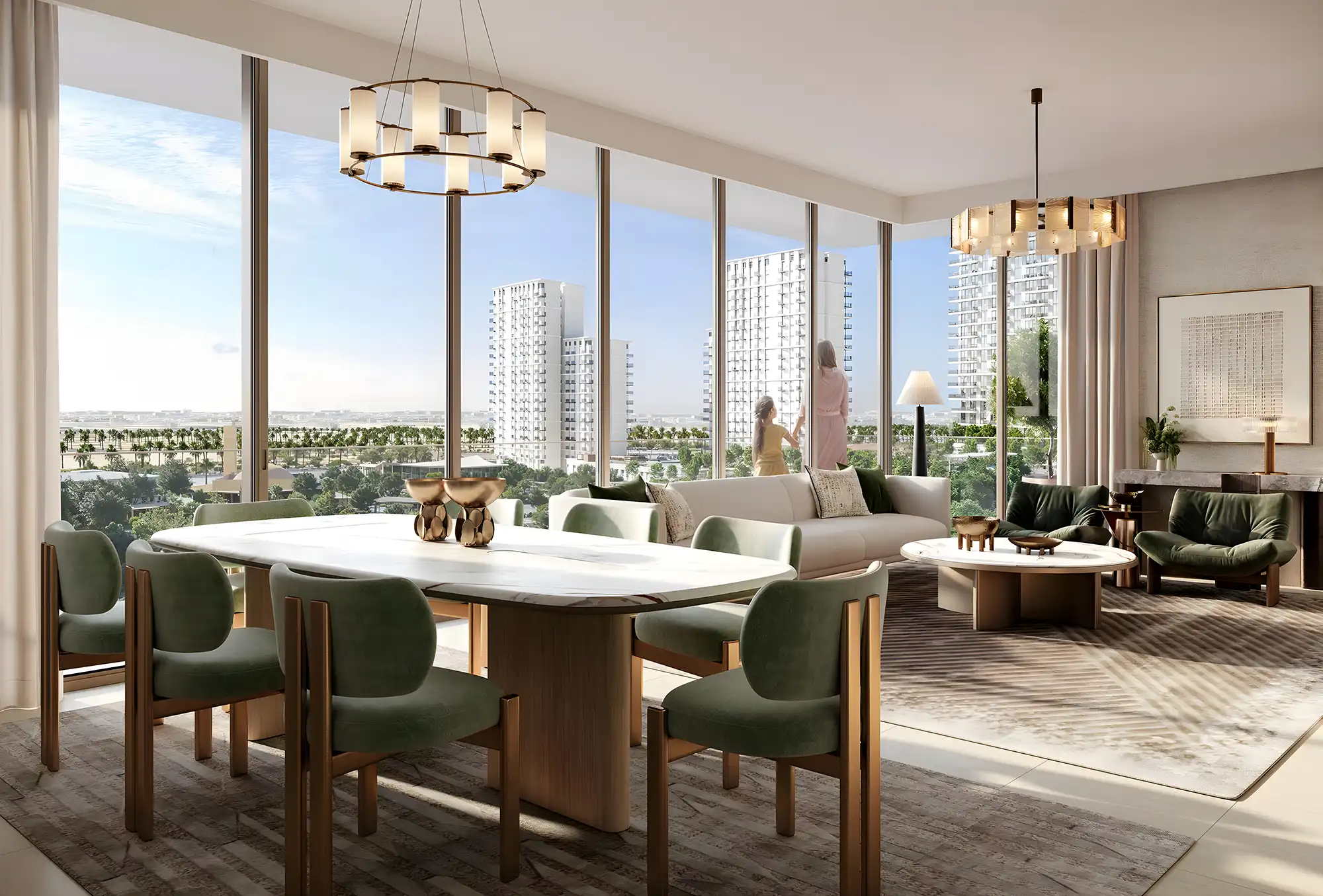 Interior rendering of Palace Residences Hillside restaurant, showcasing elegant decor and inviting dining spaces.
