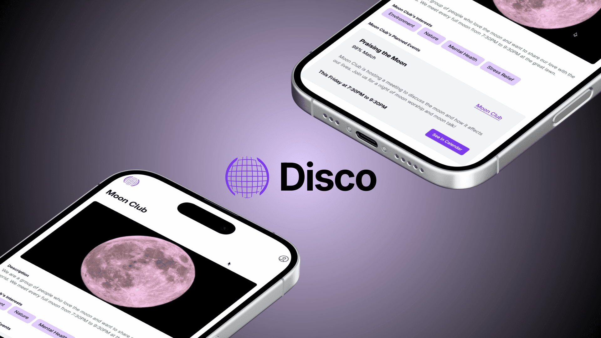 Disco banner, with two phone mockups on a light purple to black radial gradient background