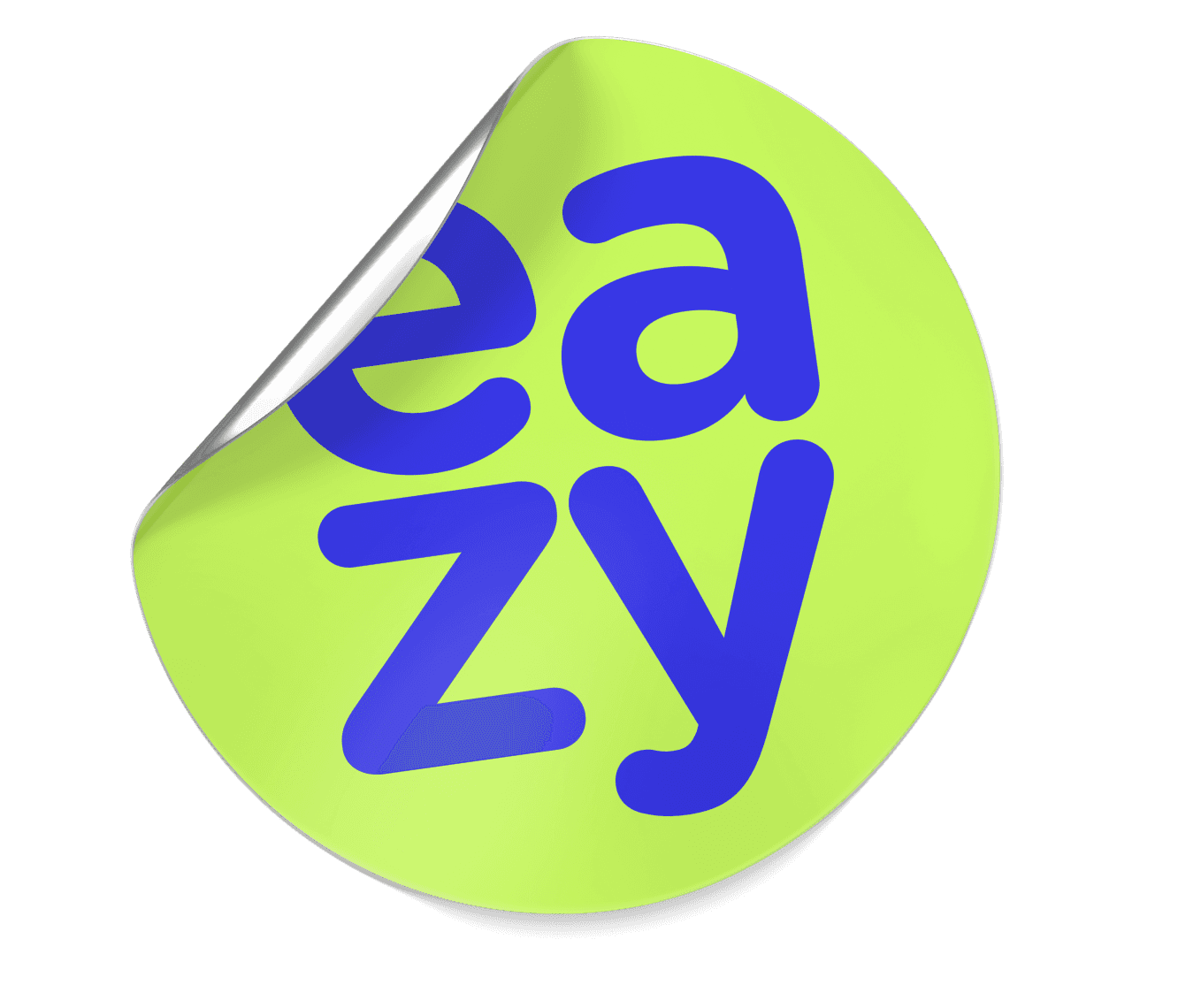 autocolant rotund verde lime cu cuvântul eazy scris vertical cu litere albastre, reprezentând brandul Eazyinsure
