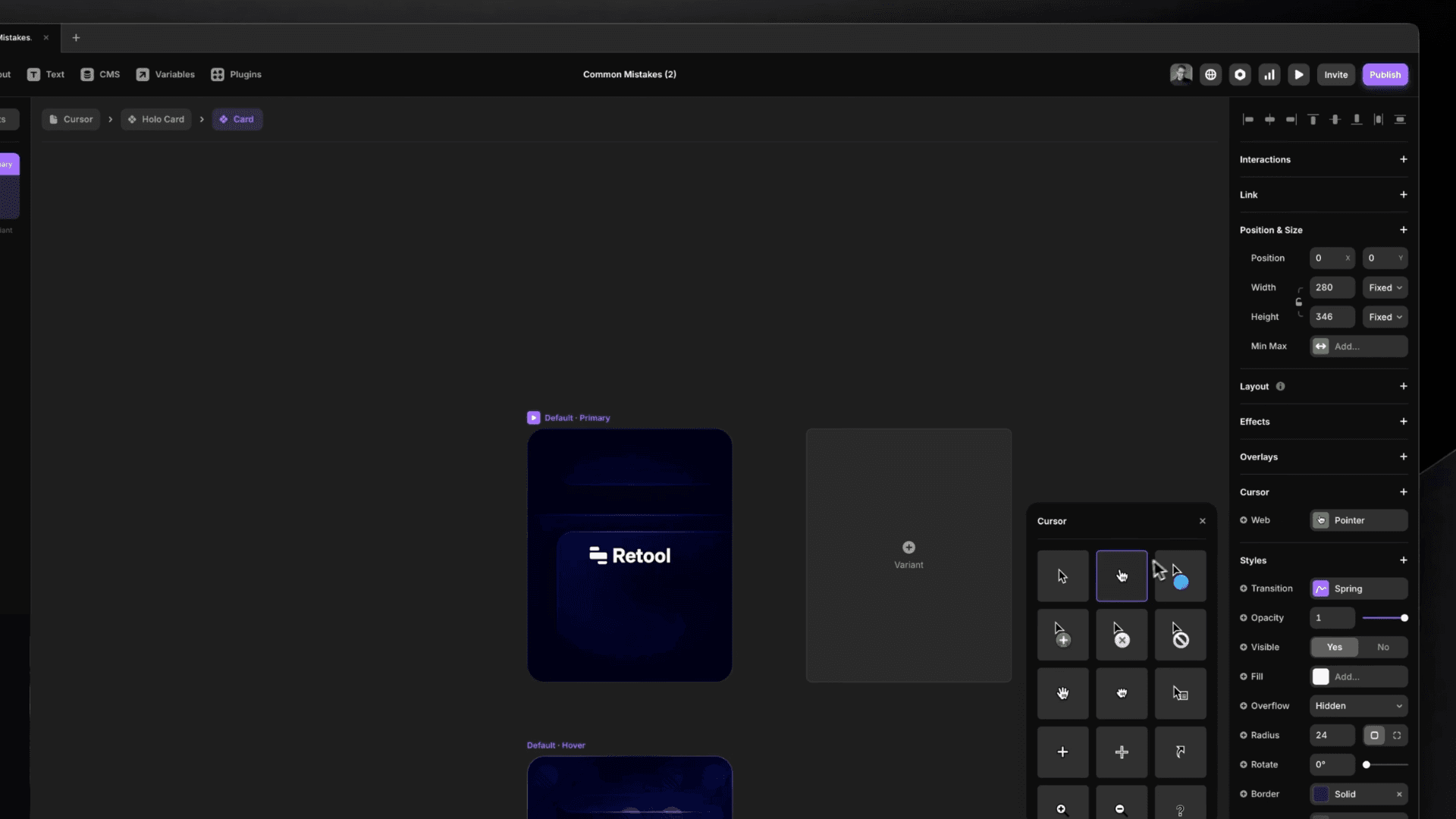 User interface of a design tool showcasing a clickable Retool card setup with detailed settings for interactions, layout, and effects, displayed within a dark-themed workspace