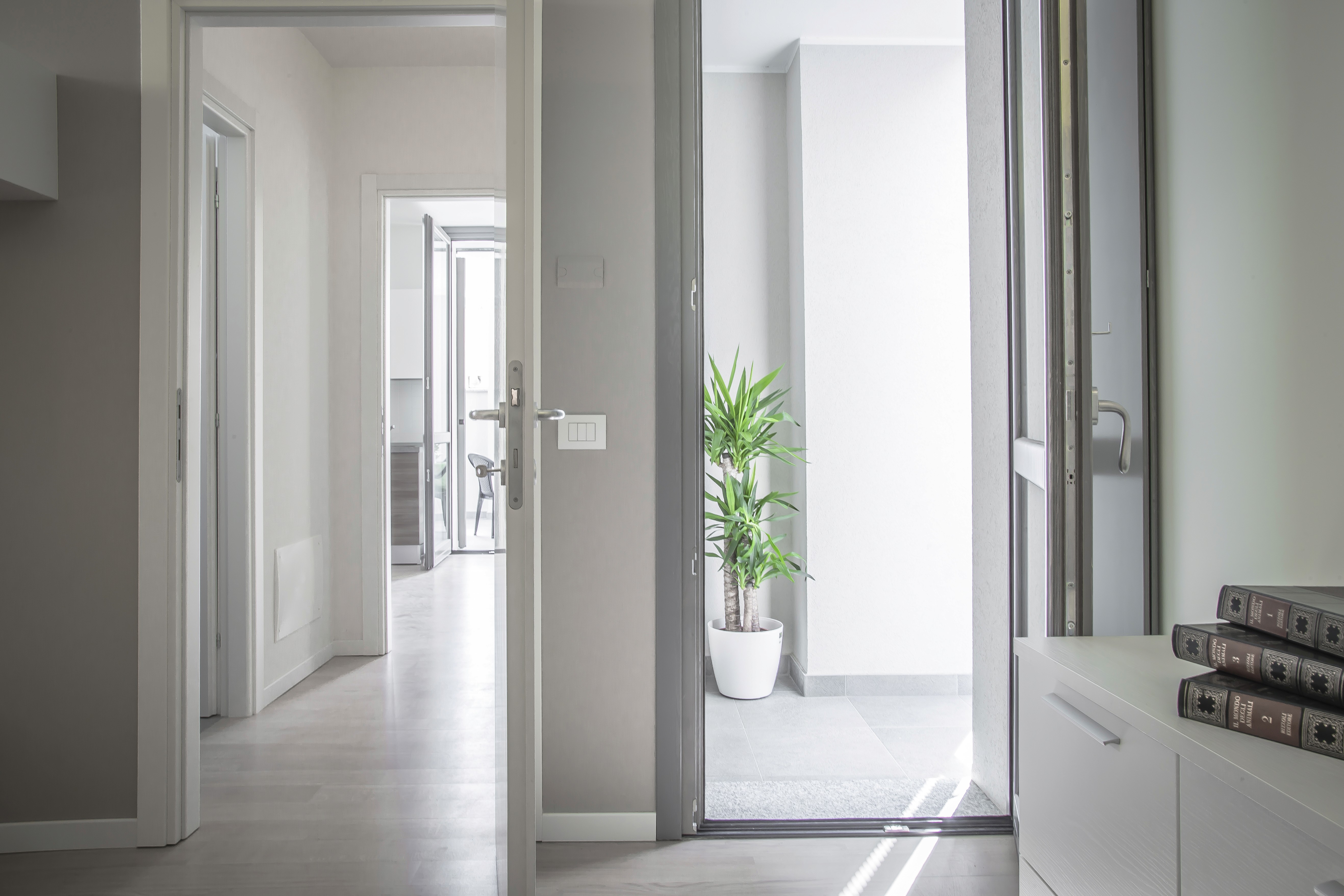 modern open lounge with palm trees outside
