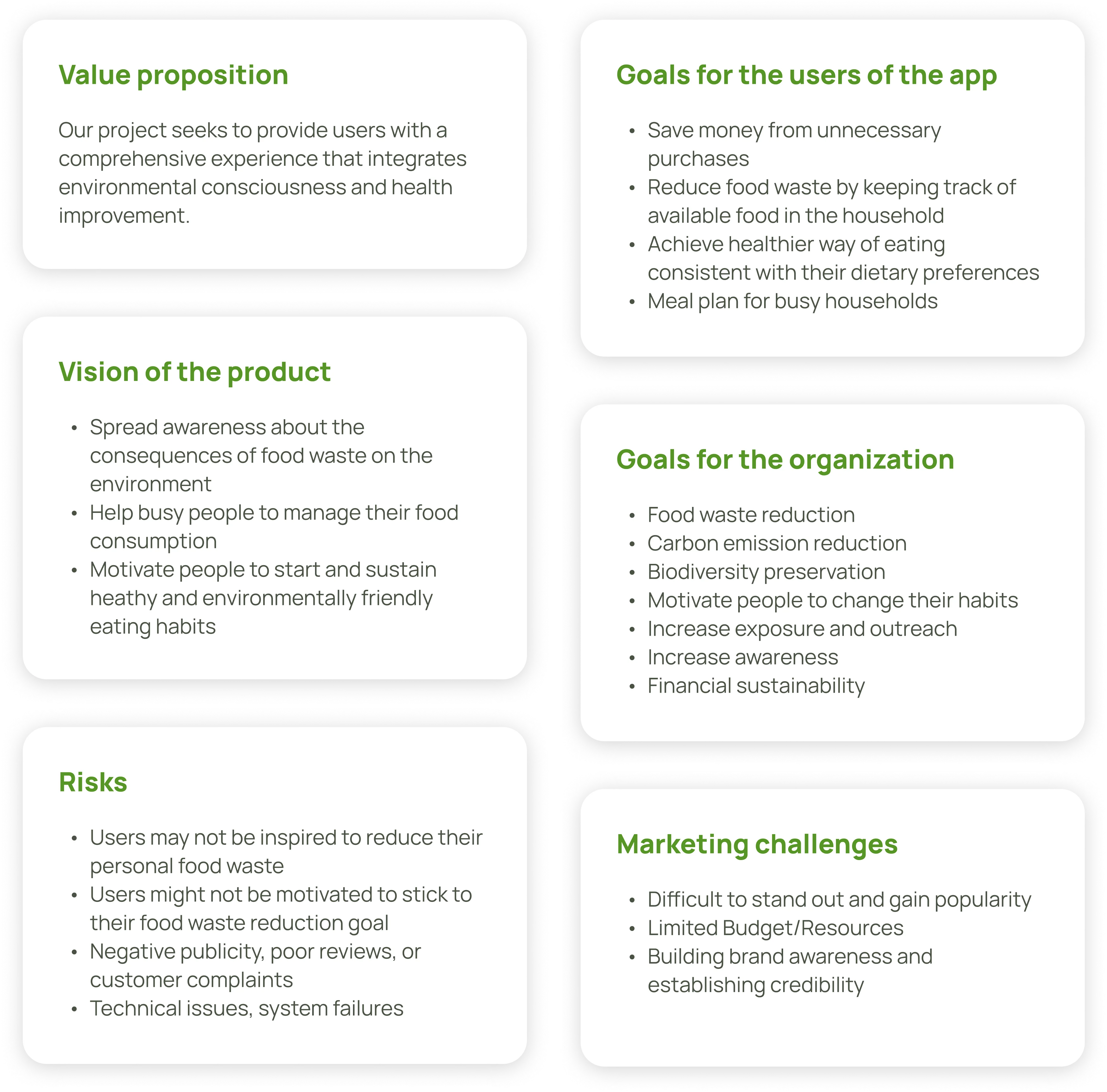 Description of values, goals, risks for the app