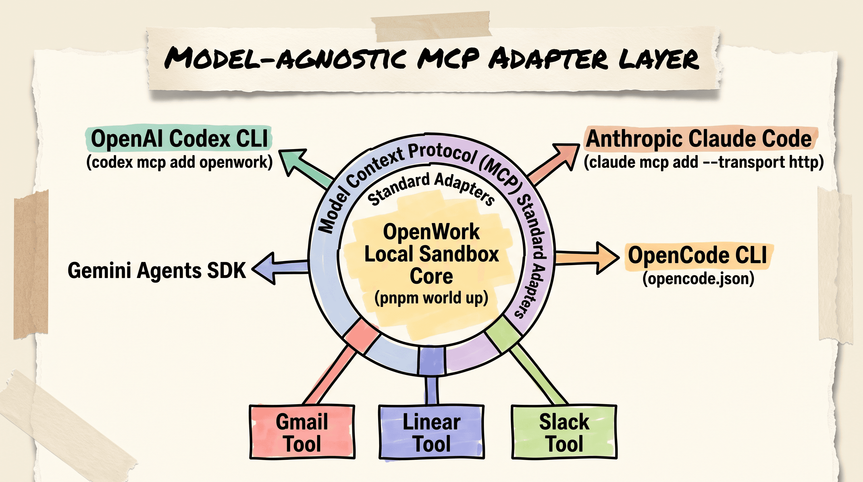Scrapbook diagram illustrating the Model Context Protocol MCP adapter layer connecting multiple agent runtimes