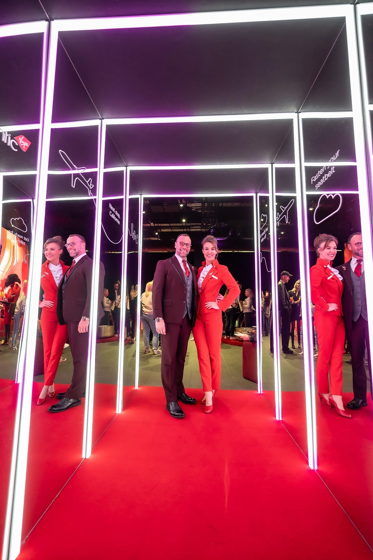 Visit California activation at Outernet London featuring a branded FrameLED mirror tunnel, red carpet entrance and Virgin Atlantic themed experience.