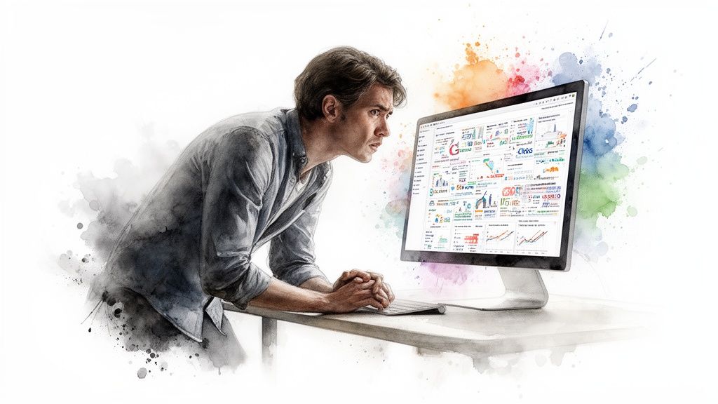 A man in a watercolor style artwork intensely views a computer screen with vibrant data visualization dashboards.