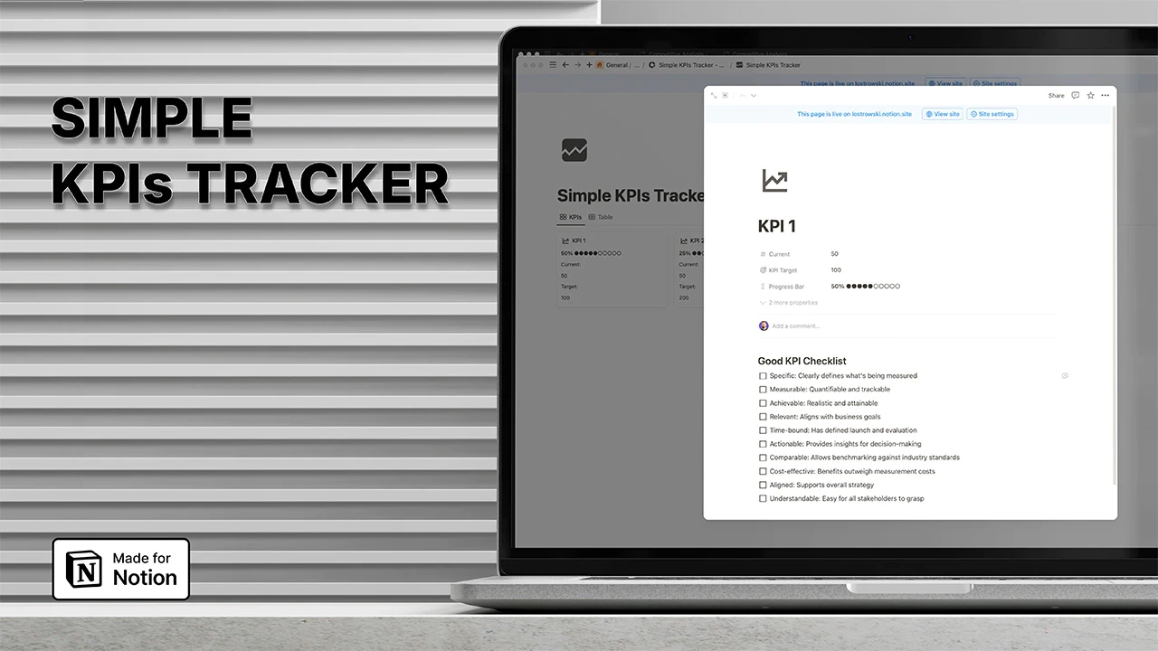 Simple KPIs Tracker Notion template on laptop screen. Dashboard shows KPI cards, with detailed view of KPI 1 featuring current value, target, progress bar, and Good KPI Checklist. Efficient design for startups and small teams to track performance metrics easily