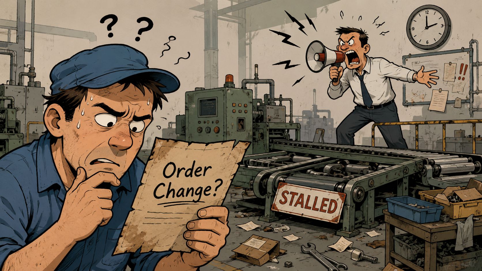 A factory worker looking confused at an order change document while an angry manager yells through a megaphone.