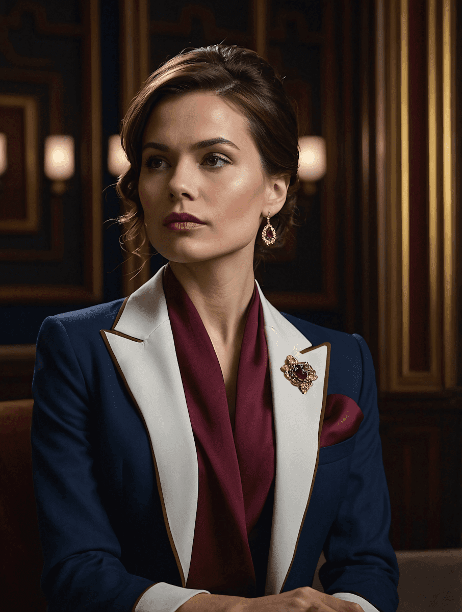 A woman in a suit and tie seated, exuding professionalism and confidence in a formal setting.