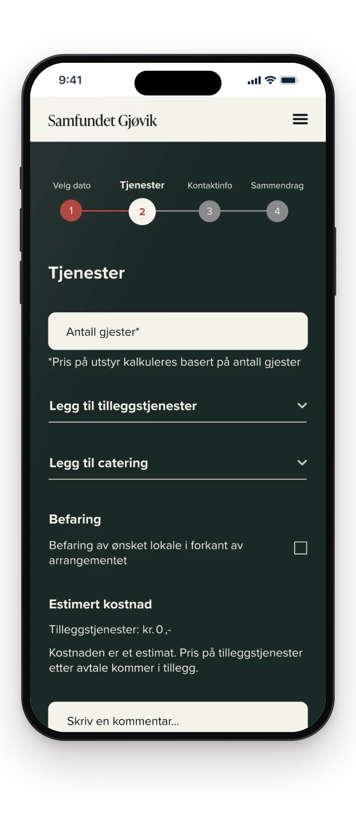 High-fidelity services step on a phone: participant count, optional service dropdowns, viewing checkbox and estimated cost