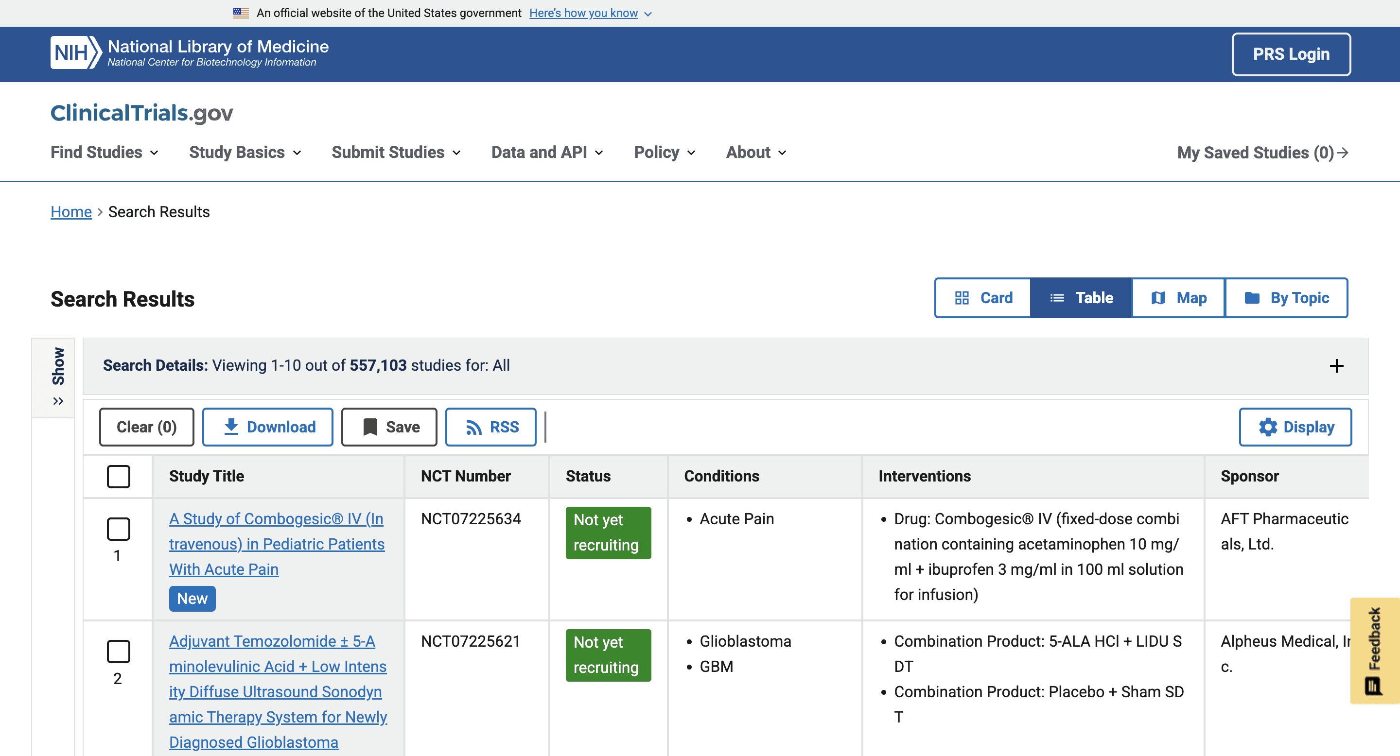 NIH Clinical Trials website showing a list of clinical trials