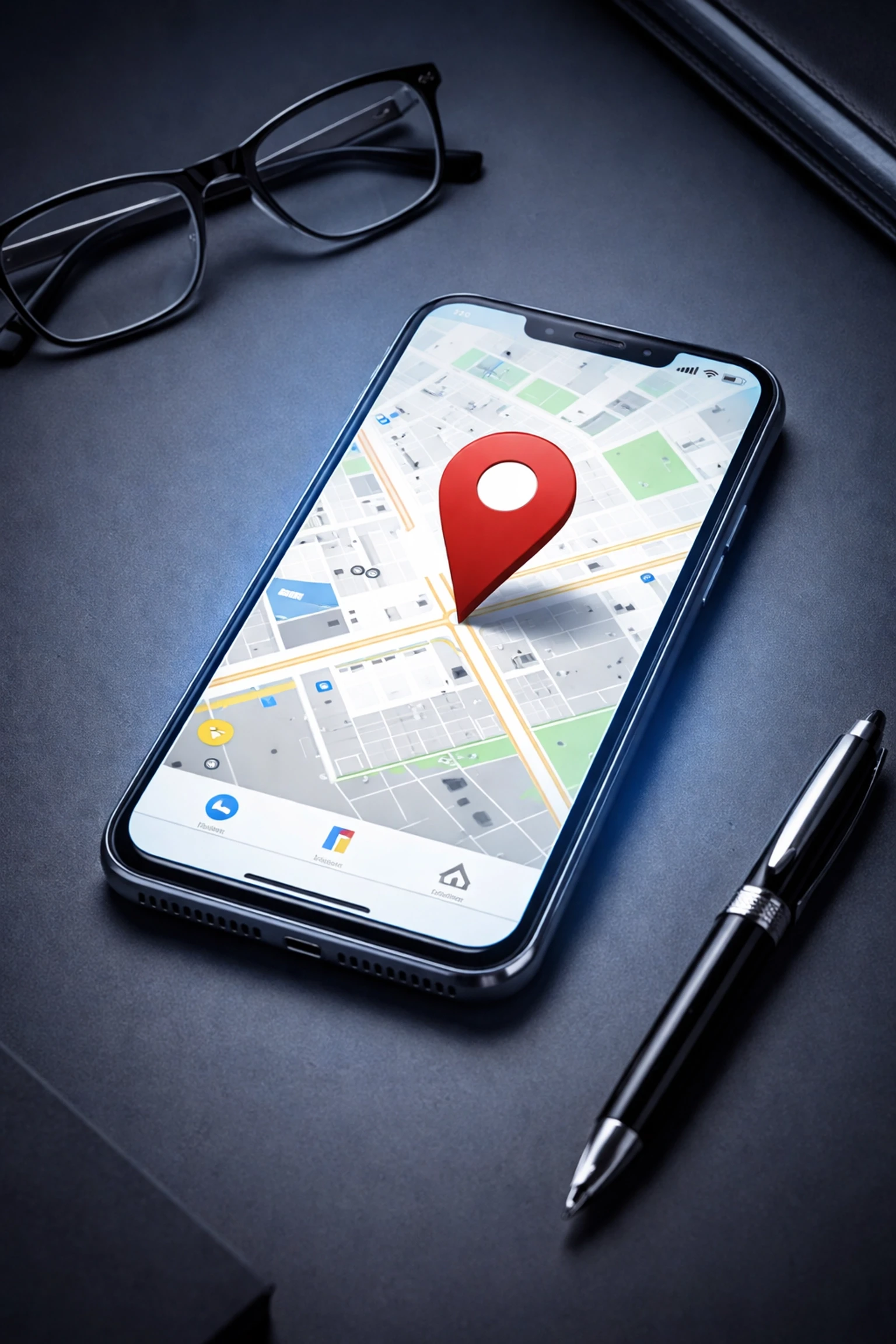 Smartphone on desk displaying Google Maps with location pin, representing local SEO visibility for Melbourne lawyers